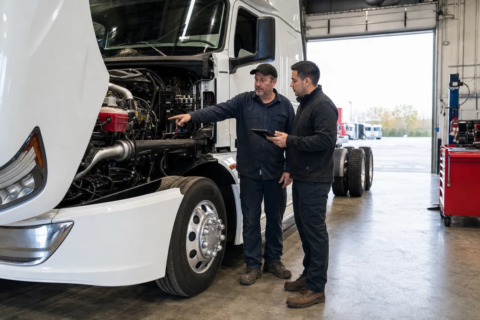 Carls Auto Sales Centralia technician and buyer inspecting a truck engine